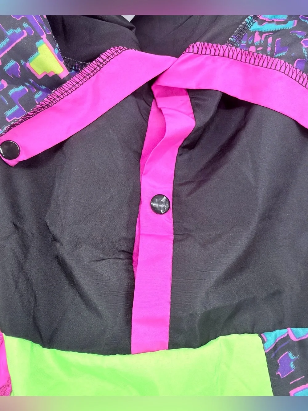 Vintage Black Windbreaker with Neon Pink & Lime Green Accents spirit Halloween - Picture 8 of 11